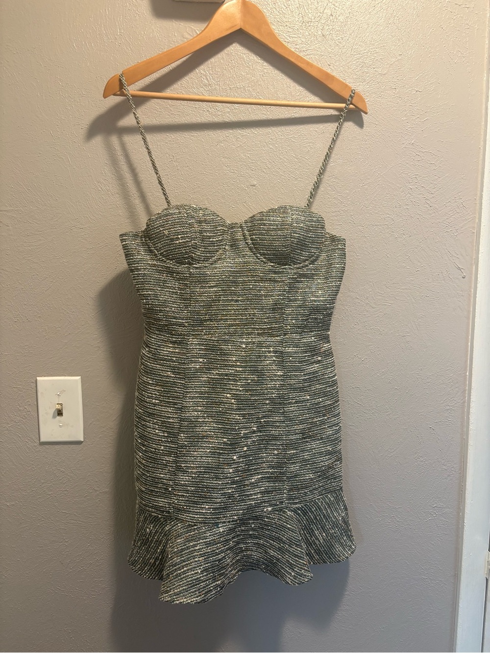 Lovers + Friends Strapless Tweed Mini Dress in Heathered Gray-Green